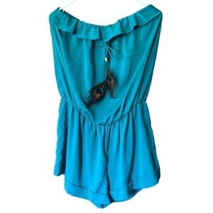 Garcia blue peacock feather bow strapless romper size L